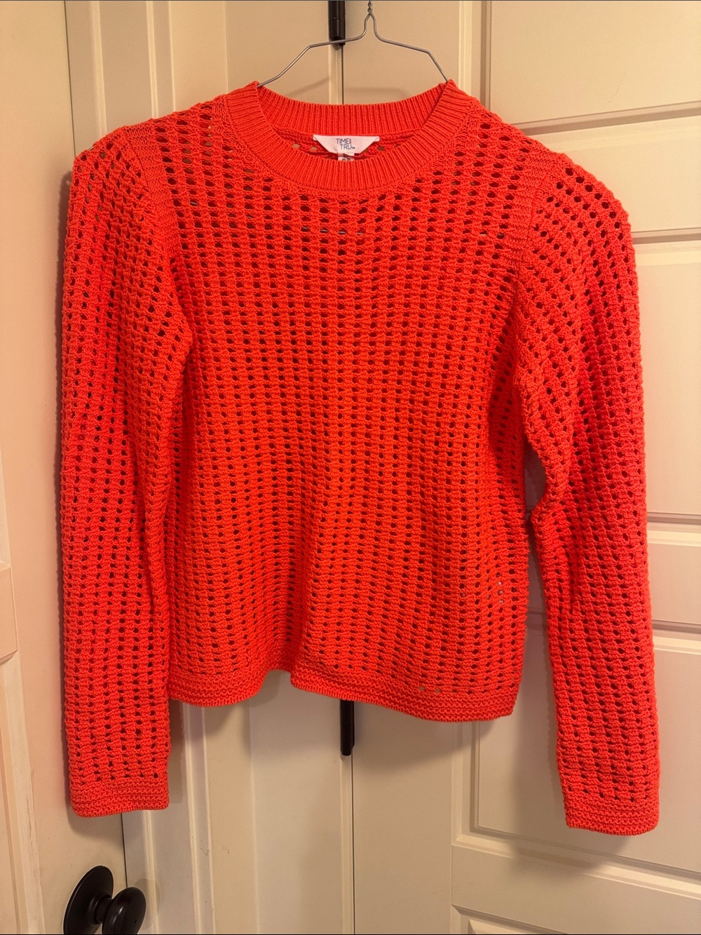 Time and Tru Open-Knit Crewneck Sweater in Bright Orange